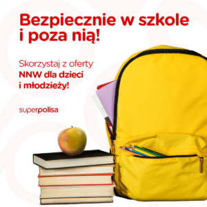 Plecak szkolny, książki i jabłko. Ubezpieczenie dla dzieci i młodzieży w Superpolisie